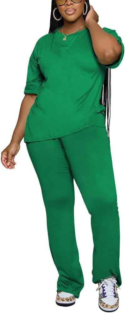 PINSV Women 2 Piece Outfits Short Sleeve Top and Flare Pants Lounge Sets Tracksuit