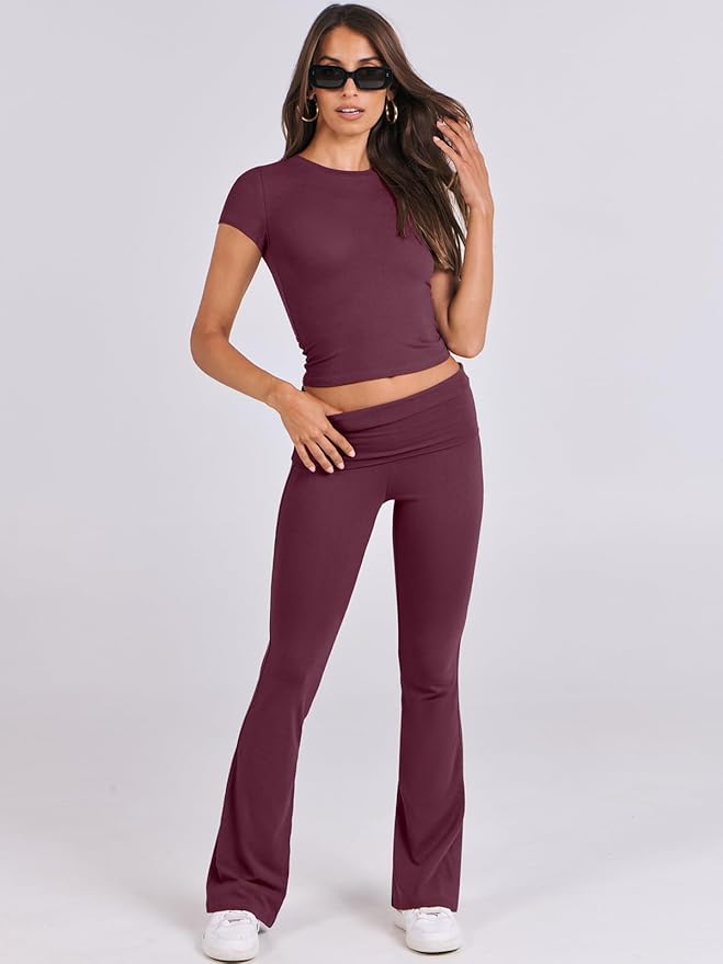 ANRABESS Lounge Sets for Women 2 Piece Foldover Yoga Flare Leggings Pants Crop Tops Casual Y2K Outfits Matching Tracksuit Set
