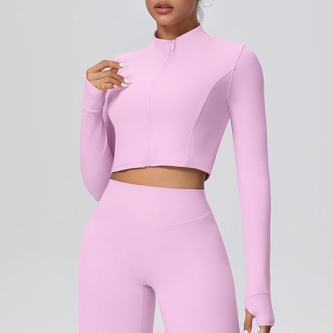 Yknktstc Womens Full Zip Athletic Jacket with Thumbhole Long Sleeve Crop Top Running Workout Yoga Sportswear Shirt