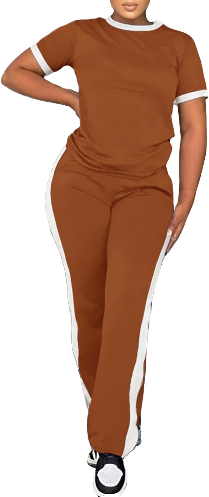 PINSV Women's 2 Piece Outfits Short Sleeve Tops Sweatpants Colorblock Bodycon Lounge Sets Tracksuit