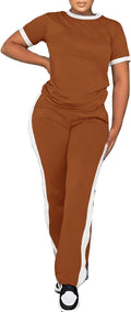 PINSV Women's 2 Piece Outfits Short Sleeve Tops Sweatpants Colorblock Bodycon Lounge Sets Tracksuit
