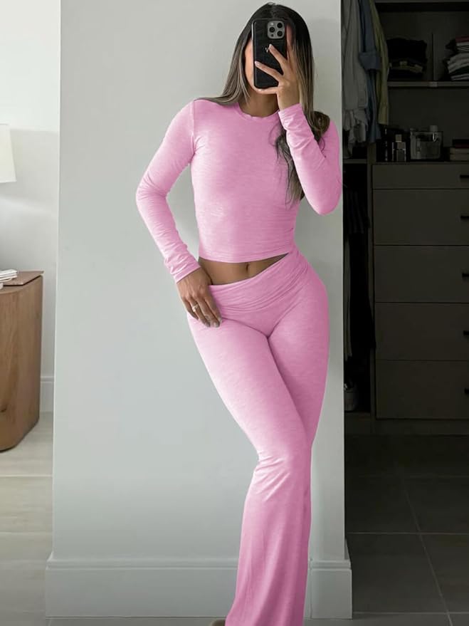 ZFLM Casual Workout Two Piece Outfits Long Sleeve High Waist Fold-Over Flared Leggings Pants Tracksuit Sets Streetwear