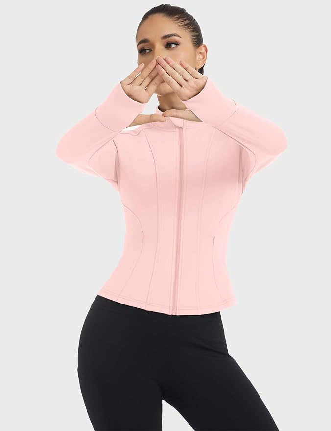 Loovoo Women's Workout Jacket Lightweight Zip Up Athletic Jackets Cropped Slim Fit Running Yoga Tops with Pockets