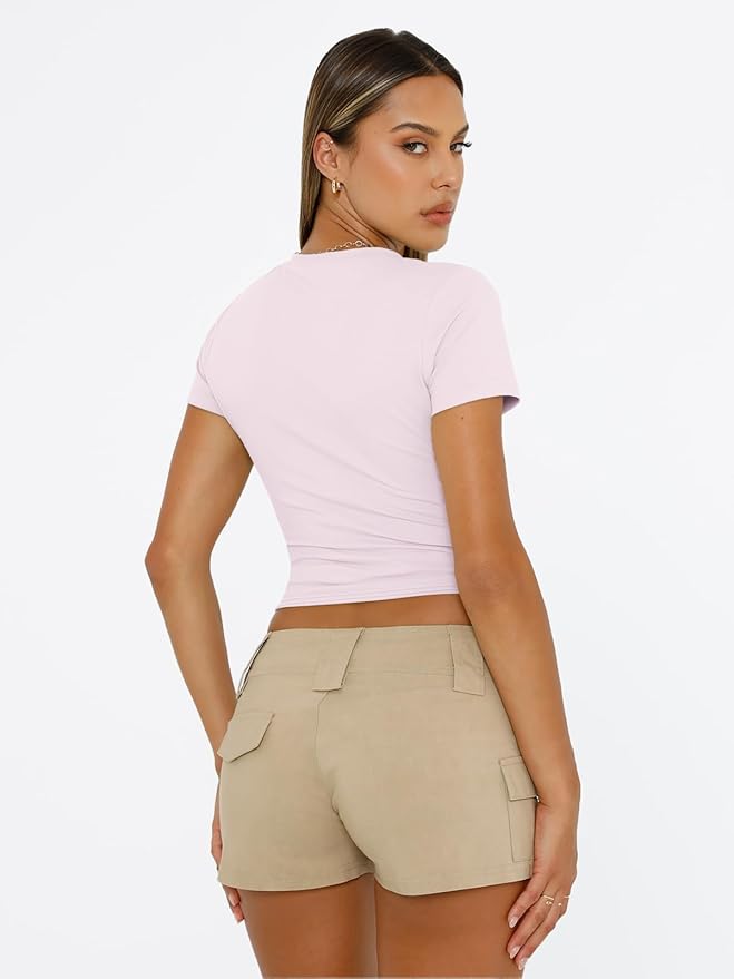 Trendy Queen Womens Short Sleeve T Shirts - Buttery Soft Summer Crop Tops Slim Fit Y2k Basic Tees for Workout