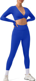 SUUKSESS Women 2 Piece Workout Sets Long Sleeve Twist Deep V Crop Padded Tops Yoga Leggings with Side Pockets