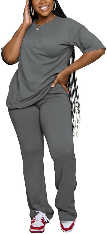 PINSV Women 2 Piece Outfits Short Sleeve Top and Flare Pants Lounge Sets Tracksuit