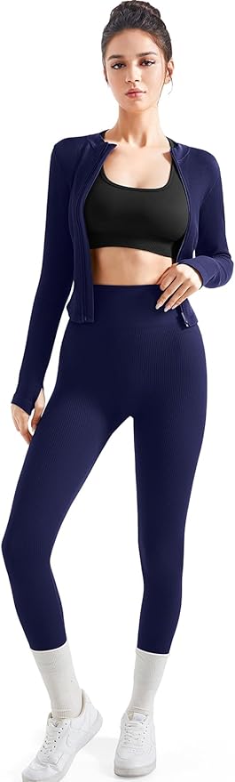 SUUKSESS Women 2 Piece Seamless Ribbed Workout Sets With Zip Up Jacket High Waisted Gym Yoga Leggings