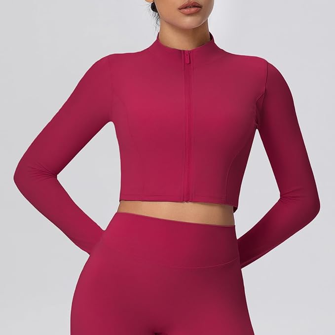 Yknktstc Womens Full Zip Athletic Jacket with Thumbhole Long Sleeve Crop Top Running Workout Yoga Sportswear Shirt