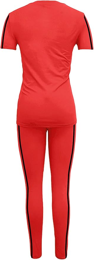 Women's 2 Piece Outfits Sweatsuit Summer Workout Striped Short Sleeve Long Sweatpants Casual Jogging Lounge Set
