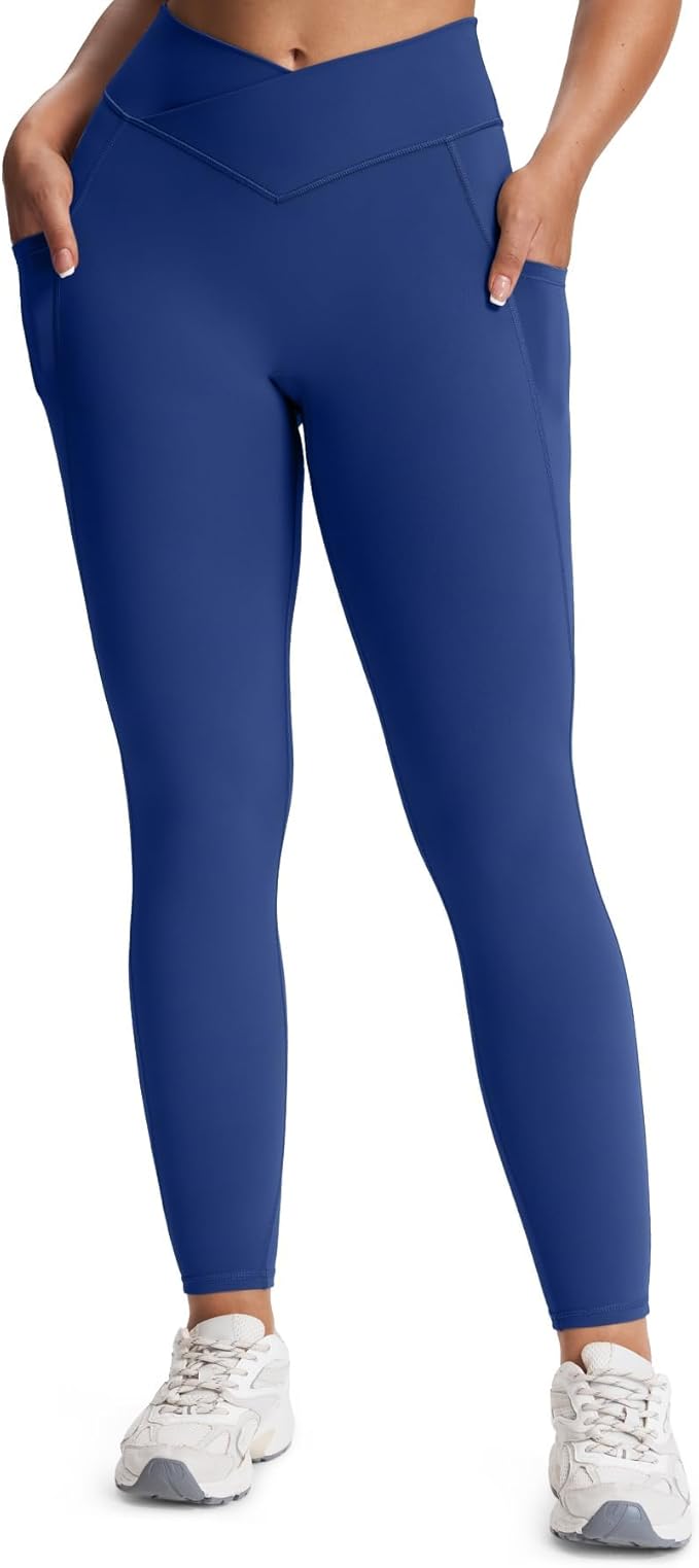 Aoxjox Women's Trinity High Waisted Yoga Pants with Pockets Cross-Waist Tummy Control Buttery Soft Workout Leggings 26"