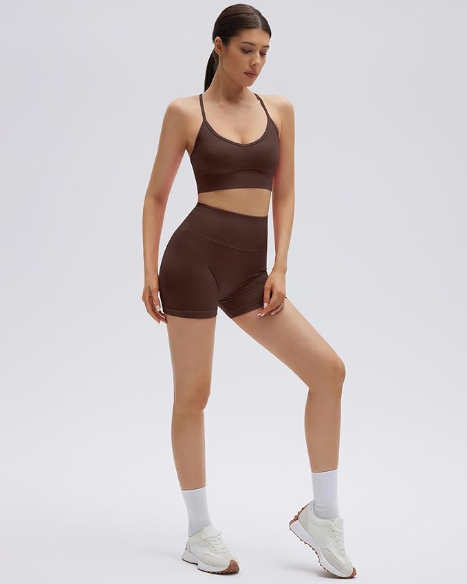 SUUKSESS Women Seamless 2 Piece Workout Sets Criss Cross Sports Bra High Waist Booty Shorts