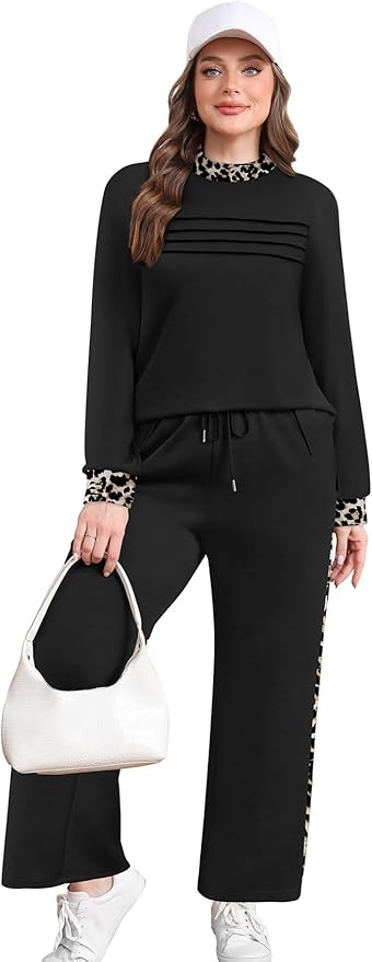 WIHOLL Two Piece Sets for Women Spring Travel Vacation Outfits 2026 Long Sleeve Lounge Sets Side Slit Wide Leg Pants S-3XL