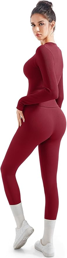 SUUKSESS Women 2 Piece Seamless Ribbed Workout Sets With Zip Up Jacket High Waisted Gym Yoga Leggings