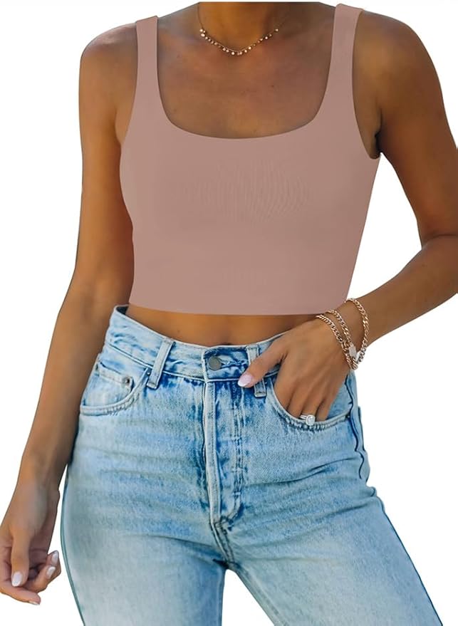 REORIA Women’s Sexy Square Neck Double Lined Seamless Sleeveless Cropped Tank Yoga Crop Basic Tops