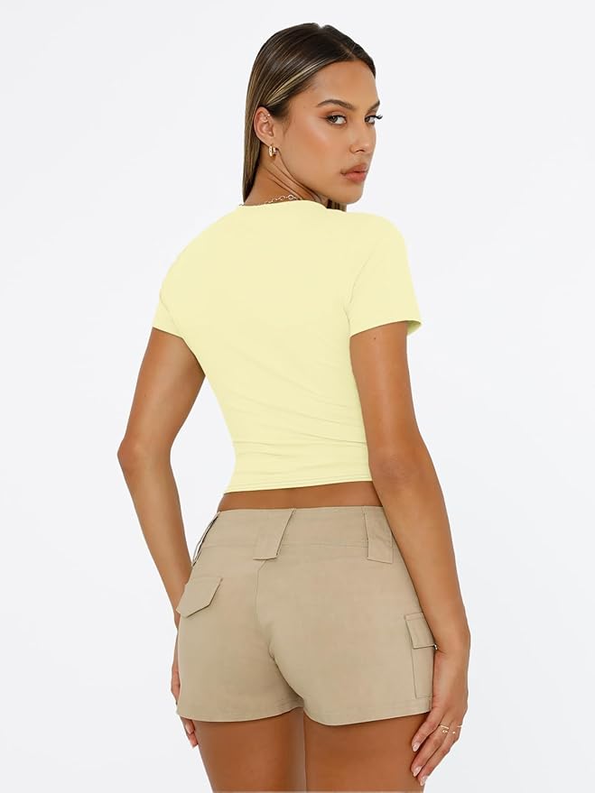 Trendy Queen Womens Short Sleeve T Shirts - Buttery Soft Summer Crop Tops Slim Fit Y2k Basic Tees for Workout