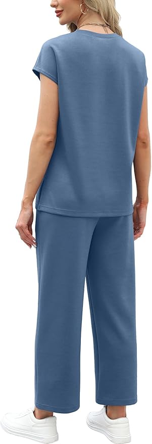 WIHOLL Two Piece Sets for Women Summer Spring Travel Vacation Outfits Cap Sleeve Lounge Matching Sets Wide Leg Pants S-3XL