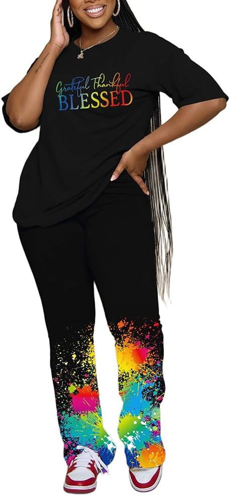 PINSV Women 2 Piece Outfits Short Sleeve Top and Flare Pants Lounge Sets Tracksuit