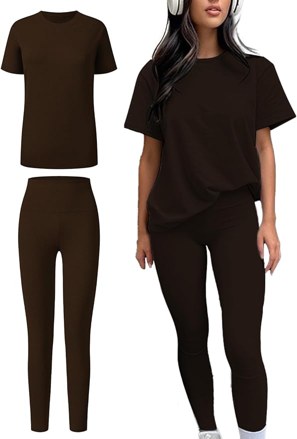 ZFLM casual sportswear 3-piece set high waist tight pants yoga pants short sleeved round neck yoga set