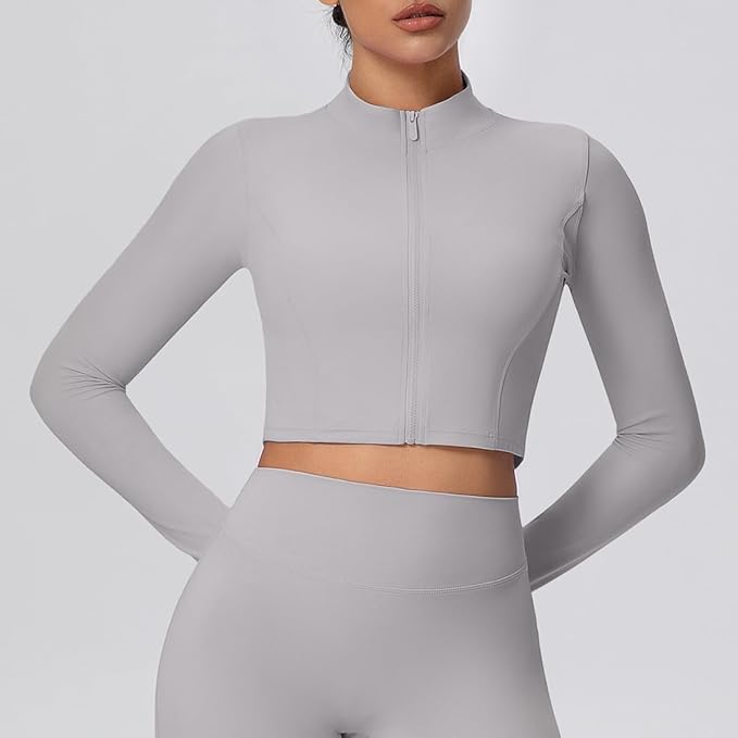 Yknktstc Womens Full Zip Athletic Jacket with Thumbhole Long Sleeve Crop Top Running Workout Yoga Sportswear Shirt