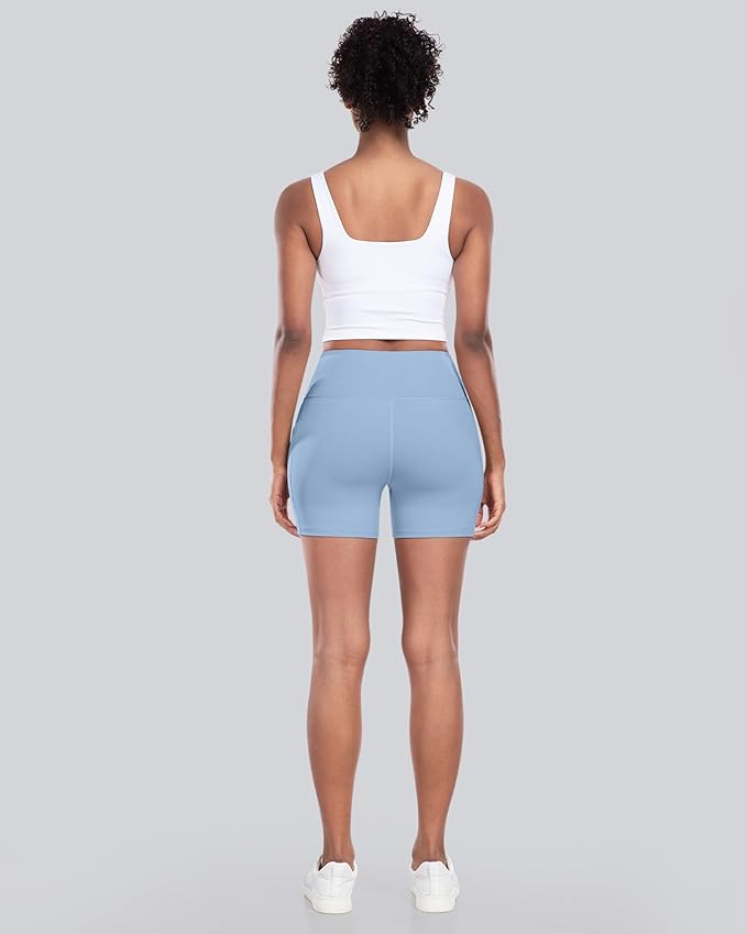 CHRLEISURE Womens Biker Yoga Shorts with Pocket, High Waisted Tummy Control 5 Inch Workout Spandex Athletic Gym Shorts