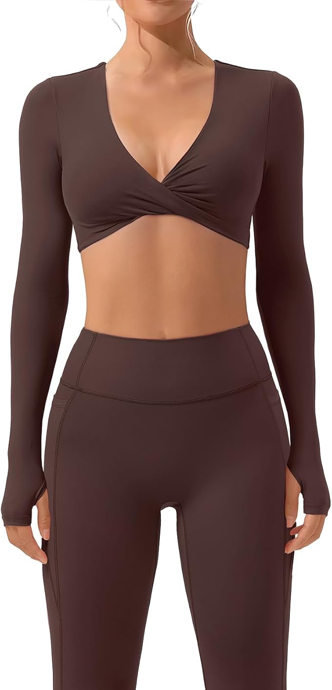 SUUKSESS Women 2 Piece Workout Sets Long Sleeve Twist Deep V Crop Padded Tops Yoga Leggings with Side Pockets