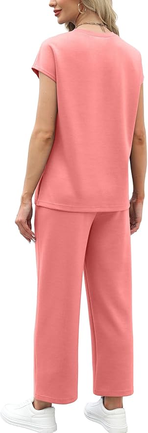 WIHOLL Two Piece Sets for Women Summer Spring Travel Vacation Outfits Cap Sleeve Lounge Matching Sets Wide Leg Pants S-3XL