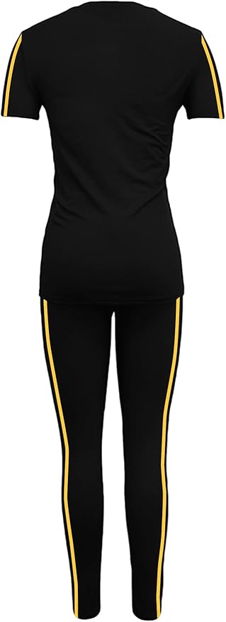 Women's 2 Piece Outfits Sweatsuit Summer Workout Striped Short Sleeve Long Sweatpants Casual Jogging Lounge Set