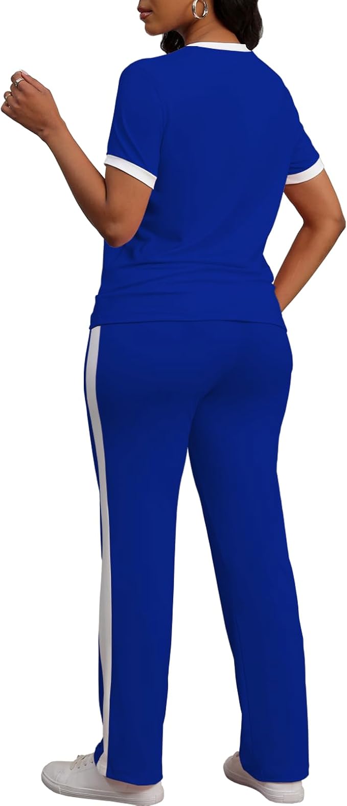PINSV Women's 2 Piece Outfits Short Sleeve Tops Sweatpants Colorblock Bodycon Lounge Sets Tracksuit