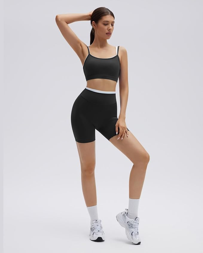 SUUKSESS Women 2 Pieces Workout Sets Padded Spaghetti Straps Camis High Waist Biker Shorts