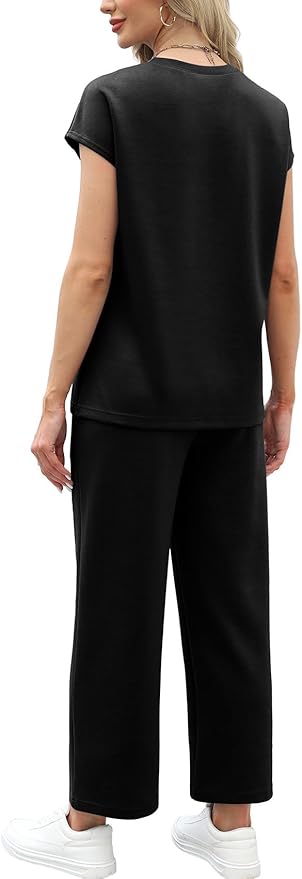 WIHOLL Two Piece Sets for Women Summer Spring Travel Vacation Outfits Cap Sleeve Lounge Matching Sets Wide Leg Pants S-3XL
