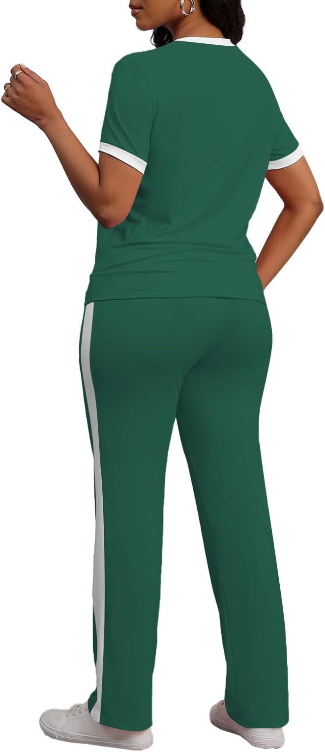 PINSV Women's 2 Piece Outfits Short Sleeve Tops Sweatpants Colorblock Bodycon Lounge Sets Tracksuit