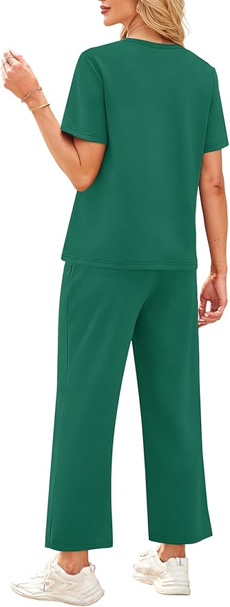 WIHOLL 2 Piece Sets for Women Casual Summer Travel Vacation Outfits Short Sleeve Wide Leg Crop Pants Lounge Sets