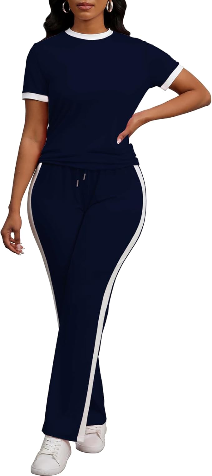 PINSV Women's 2 Piece Outfits Short Sleeve Tops Sweatpants Colorblock Bodycon Lounge Sets Tracksuit