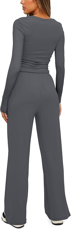Darong Women's 2 Piece Outfits Lounge Sets 2026 Long Sleeve Tops Wide Leg Pants Casual Matching Set