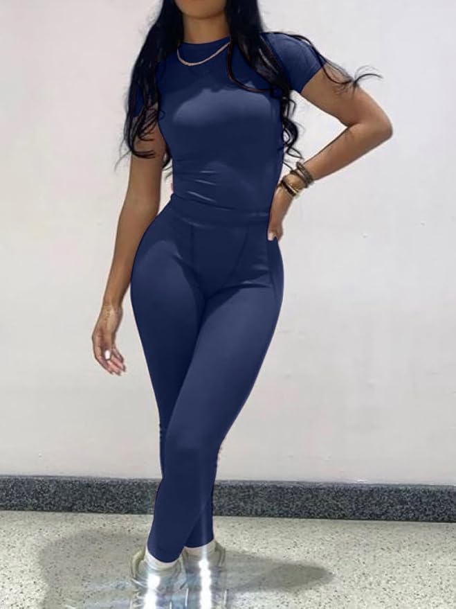 AYWA Two Piece Outfits for Women Fitted Crew Neck T-shirt High Waist Leggings Biker Shorts Matching Sets Streetwear