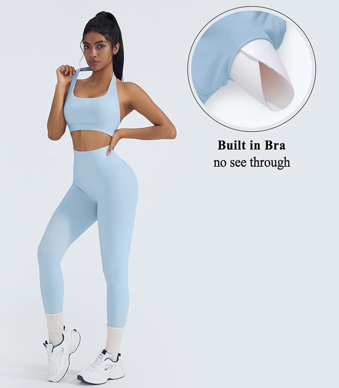 OMKAGI 2 Piece Workout Sets for Women Halter Sports Bras Gym Sets Booty Leggings Outfits