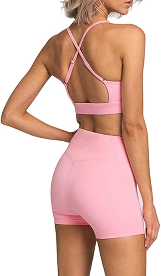 IMEKIS Women's Workout Sets 2 Piece Yoga Outfit High Waisted Biker Shorts Leggings Sports Bra Gym Fitness Clothes Tracksuit