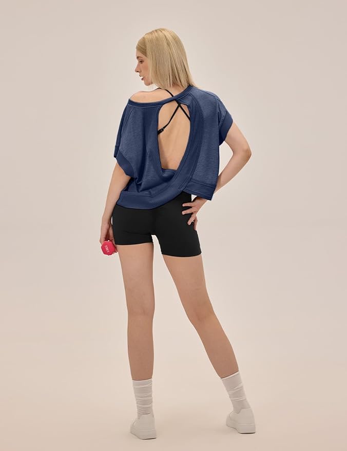UNIANKIYA Open Back Workout Tops for Women Loose Fit Athletic Crop Tee Short Sleeve Gym Running Yoga Shirt
