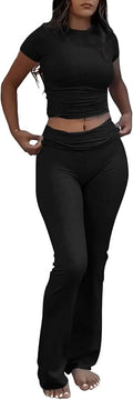 ZFLM Casual Workout Two Piece Outfits for Women Short Sleeve Crop High Waist Foldover Flare Pants Tracksuit Sets Streetwear