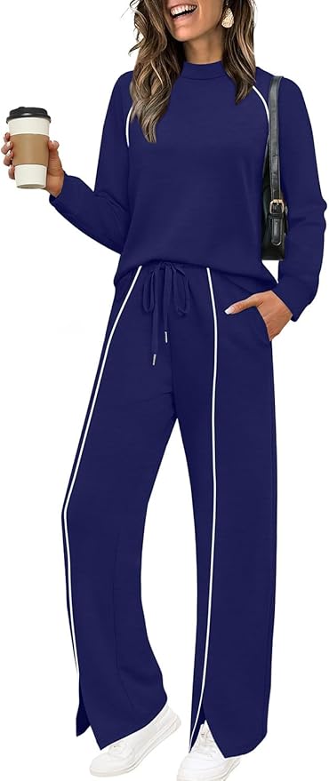 WIHOLL Lounge Sets for Women 2 Piece Fall Outfits 2025 Wide Leg Pant Matching Sets Womens Clothing
