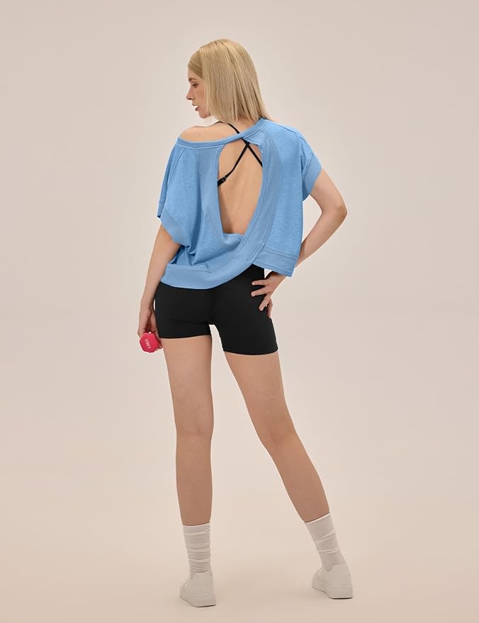 UNIANKIYA Open Back Workout Tops for Women Loose Fit Athletic Crop Tee Short Sleeve Gym Running Yoga Shirt