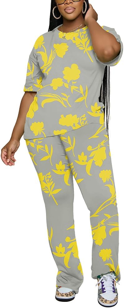 PINSV Women 2 Piece Outfits Short Sleeve Top and Flare Pants Lounge Sets Tracksuit