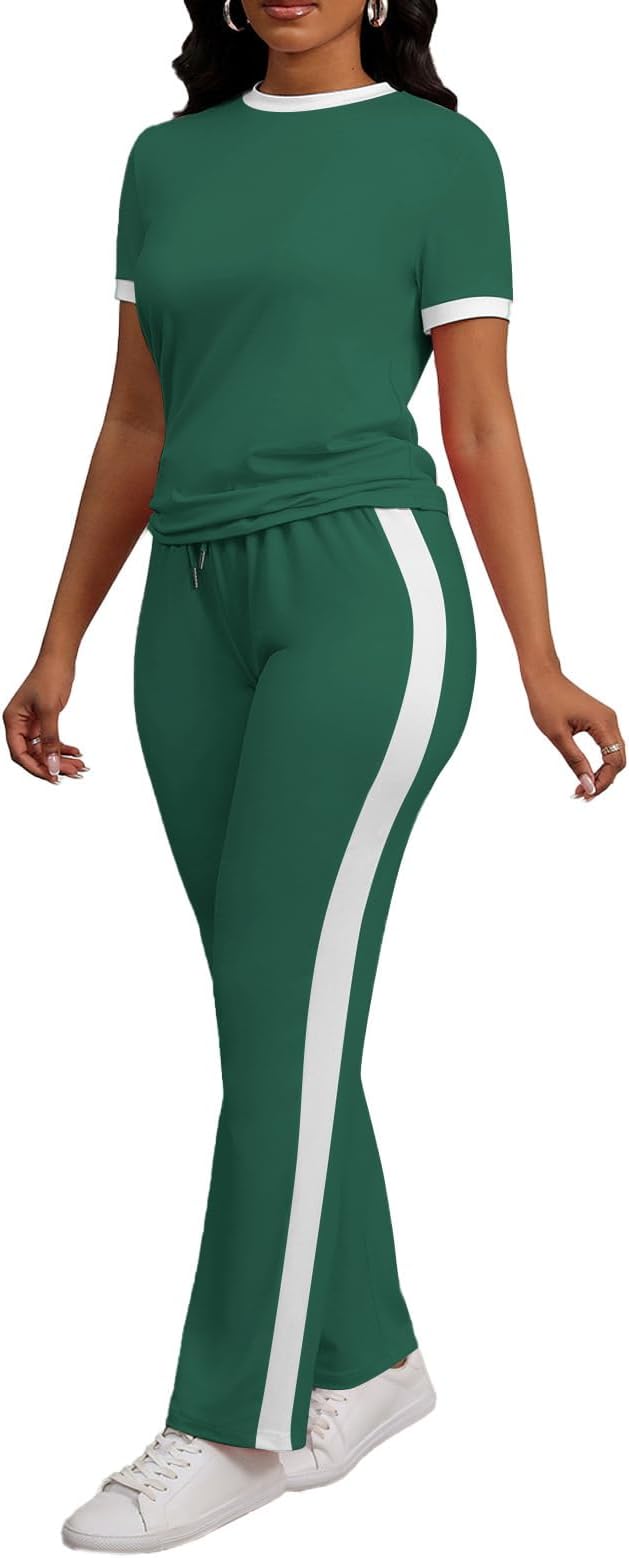 PINSV Women's 2 Piece Outfits Short Sleeve Tops Sweatpants Colorblock Bodycon Lounge Sets Tracksuit