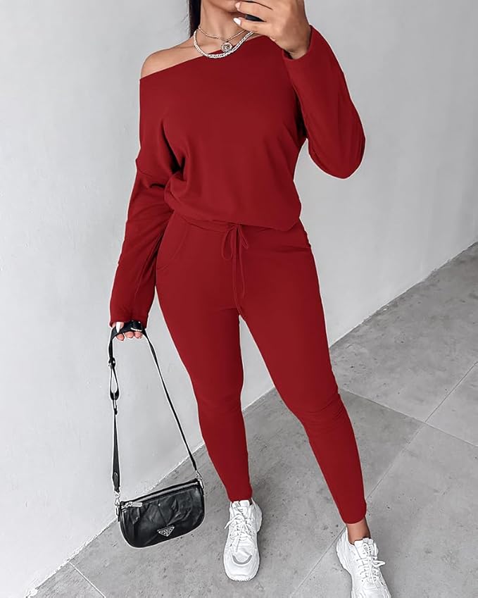 CHICME Women Tracksuit Fall 2 piece Outfits Off The Shoulder Long Sleeve Tops and Pants Set Travel Outfits