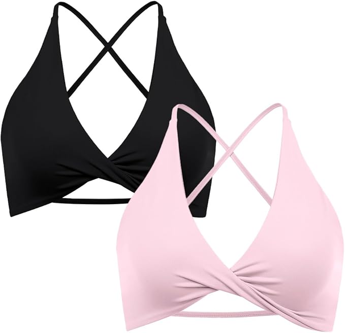 SUUKSESS Women 2 Piece Open Back Strappy Sports Bra Pack Twist V Neck Workout Crops