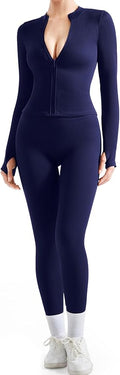 SUUKSESS Women 2 Piece Seamless Ribbed Workout Sets With Zip Up Jacket High Waisted Gym Yoga Leggings