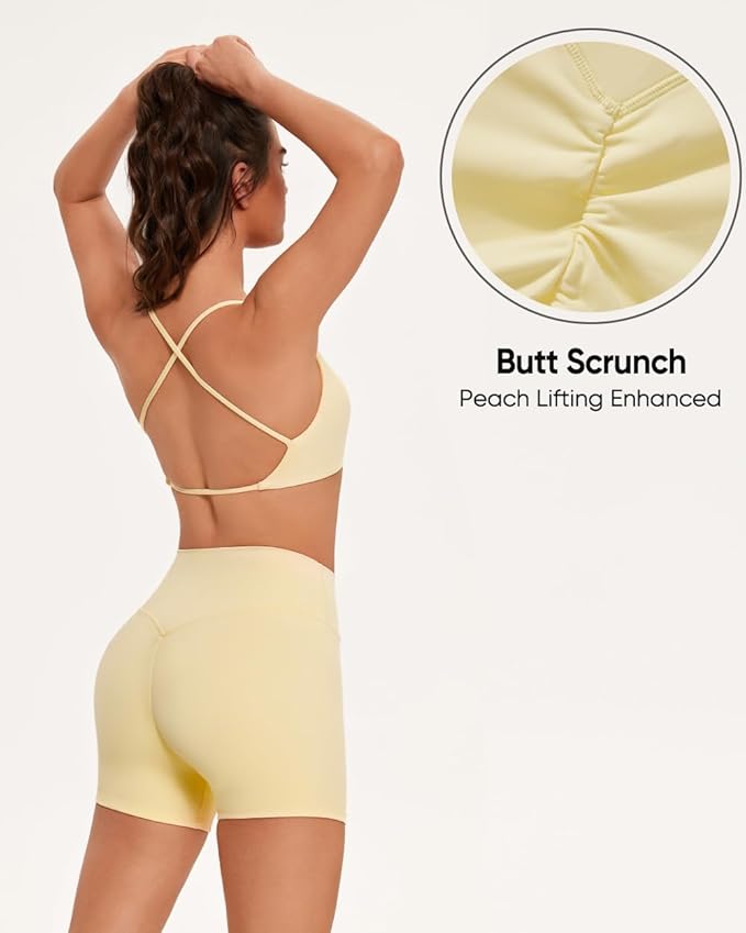 OMKAGI Workout Sets for Women Open Back Strappy Sports Bra Booty Biker Shorts Gym Outfits