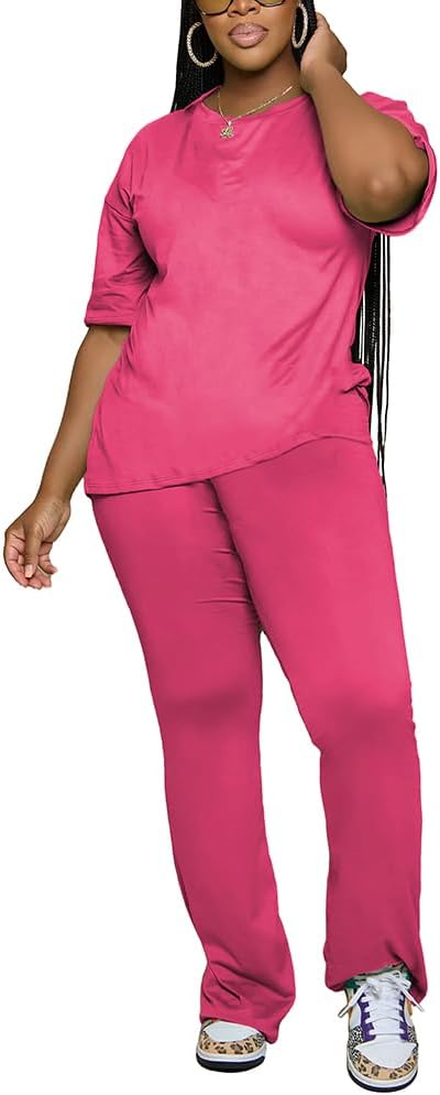 PINSV Women 2 Piece Outfits Short Sleeve Top and Flare Pants Lounge Sets Tracksuit