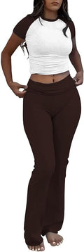ZFLM Casual Workout Two Piece Outfits for Women Short Sleeve Crop High Waist Foldover Flare Pants Tracksuit Sets Streetwear