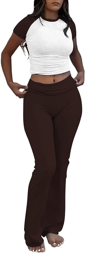 YETOWA Women's 2 Piece Lounge Outfits Slim Short Sleeve Tops Low Rise Flare Leggings Sets Yoga Sweatsuit